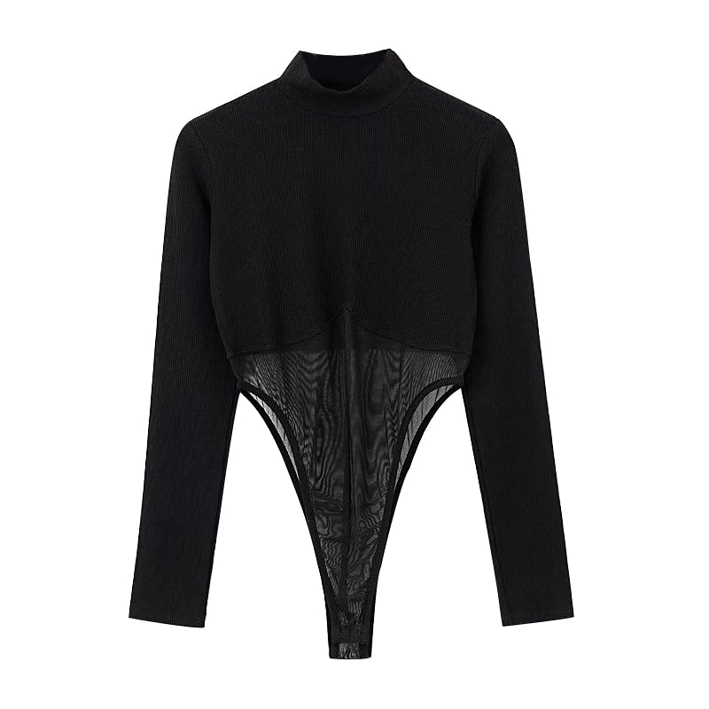 Small Turtleneck Patchwork T-shirt Sexy Long-Sleeved Top Mesh