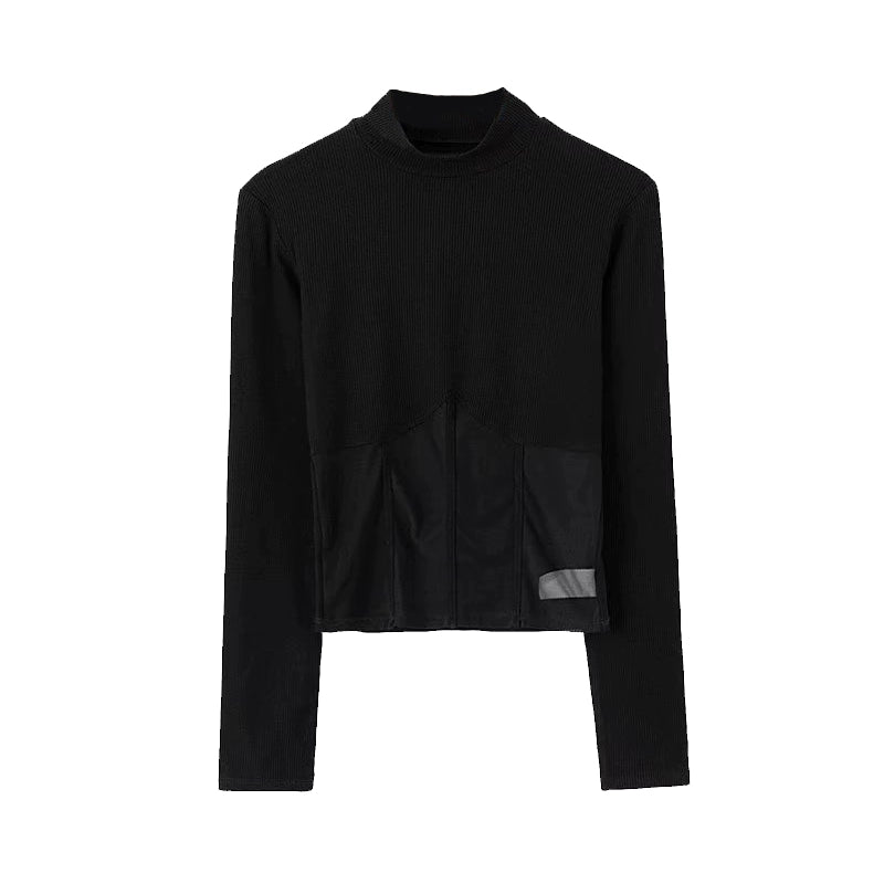 Small Turtleneck Patchwork T-shirt Sexy Long-Sleeved Top Mesh