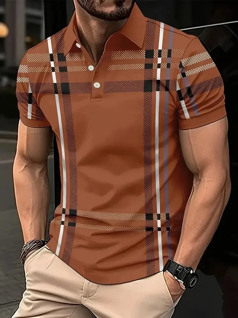 POLO shirt features a casual fashionable comfortable soft and breathable 3D striped pattern print