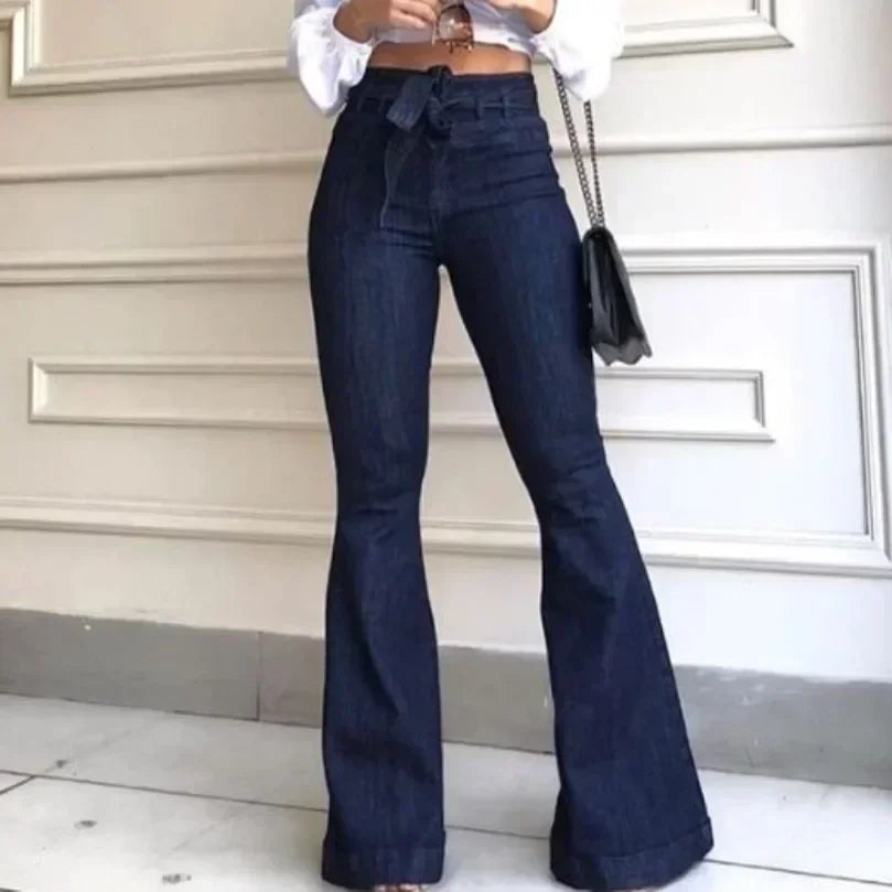 Women Jeans Denim Flare Pants Solid Color High Waist Zipper Fly Flat Pockets
