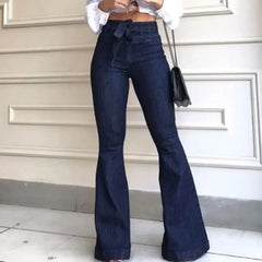 Women Jeans Denim Flare Pants Solid Color High Waist Zipper Fly Flat Pockets