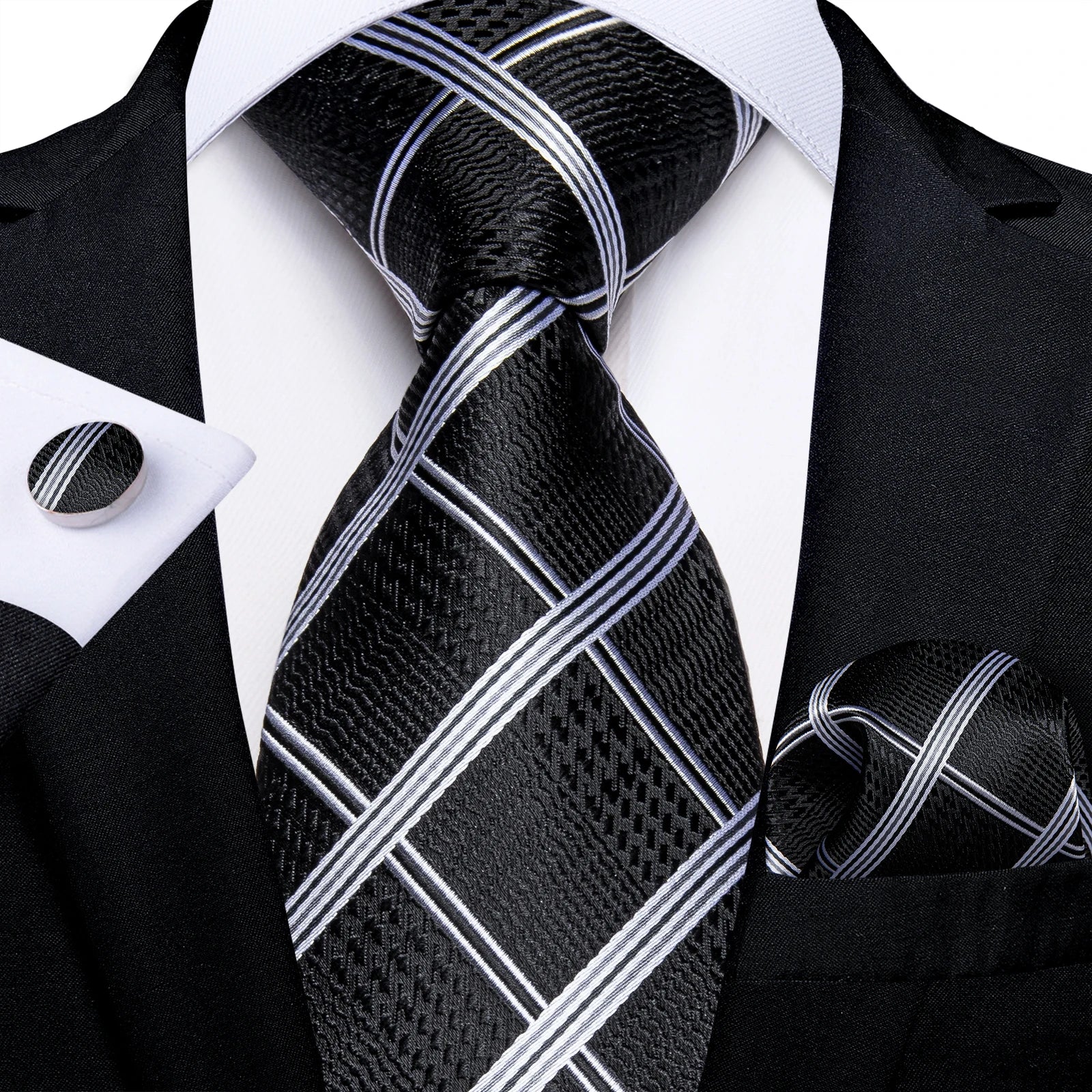 Luxury Blue Plaid Dot Ties For Men Solid Wedding Accessories Neck Tie Handkerchief Cufflinks Set Gravatas Mens Gift DiBanGu