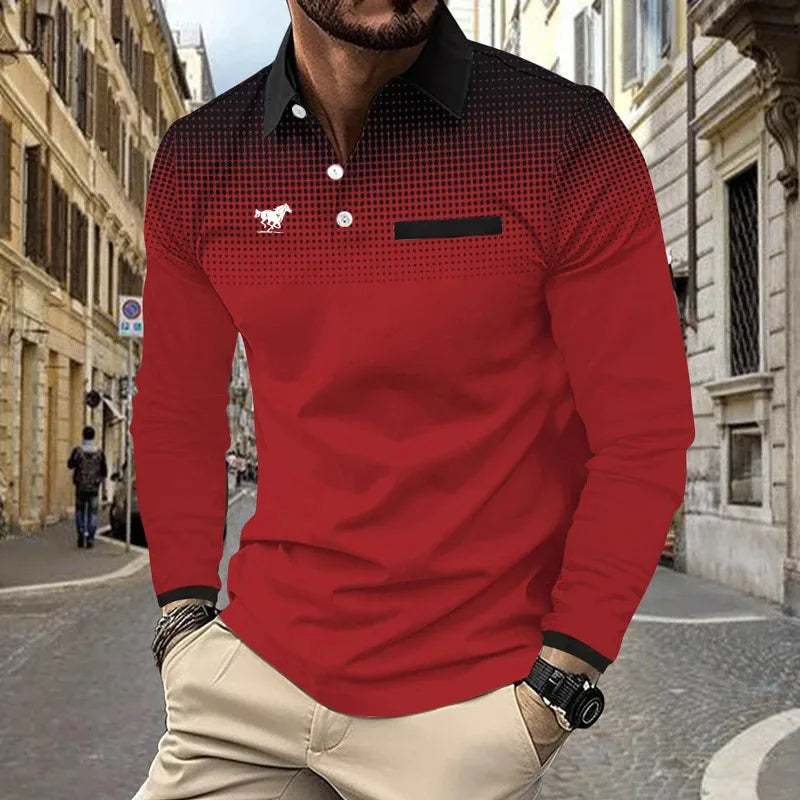 Men Clothes New Long Sleeve 3D Digital Print Lapel Polo Shirt Men Fashion Fake Pocket Stitching Tops Men Golf Polo Shirt