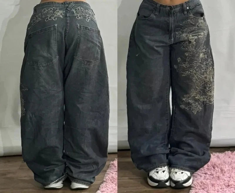 Letters Embroidered Big Pockets Washed Baggy Jeans Women High Street Vintage