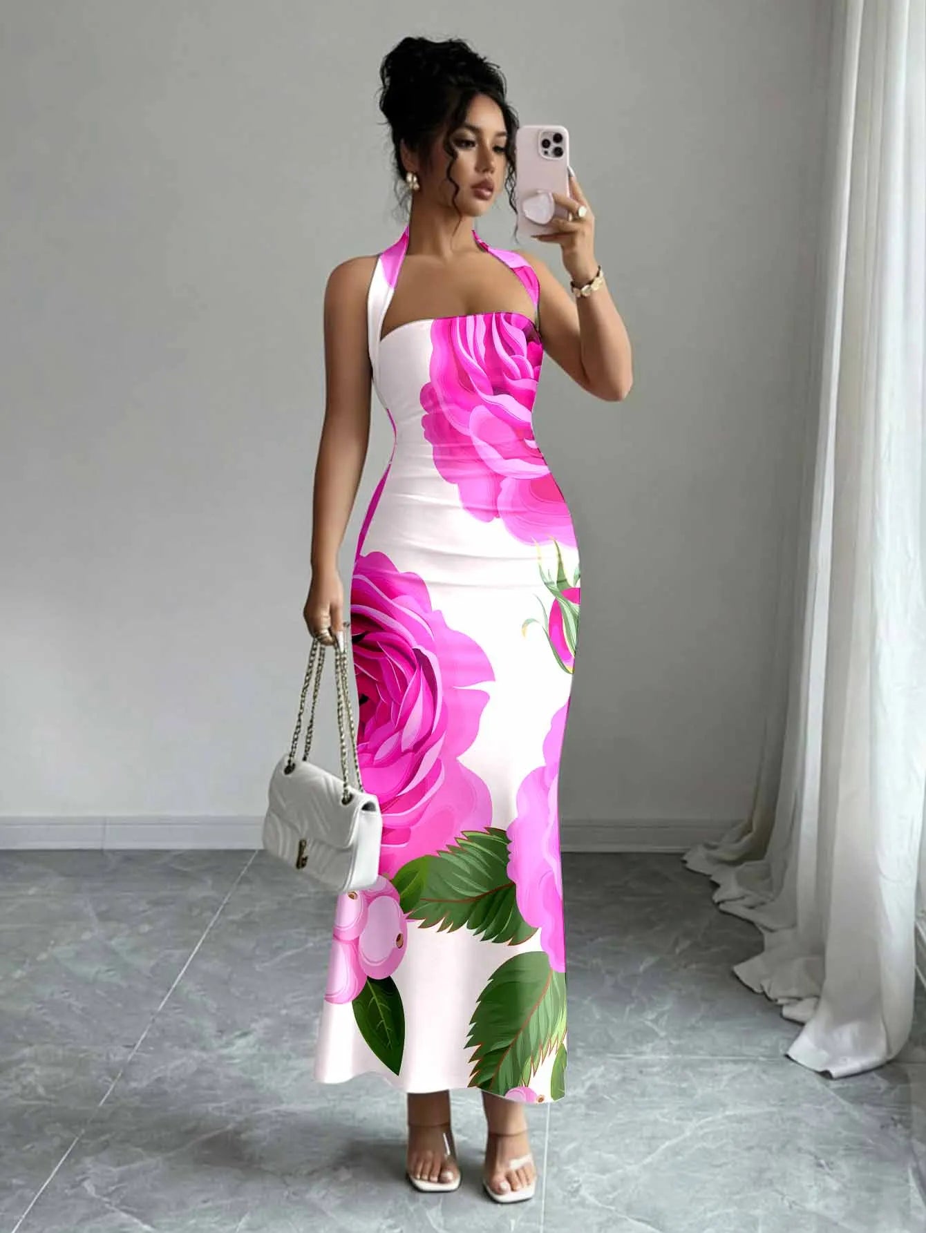 Hip-Hugging Sleeveless Long Skirt with Hanging Neck Design