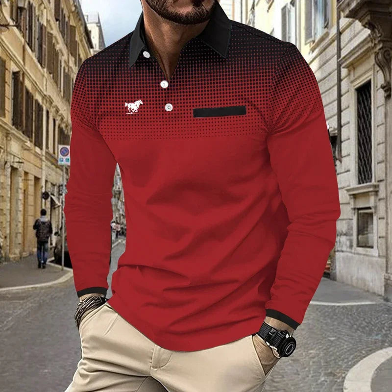 Men Clothes New Long Sleeve 3D Digital Print Lapel Polo Shirt Men Fashion Fake Pocket Stitching Tops Men Golf Polo Shirt