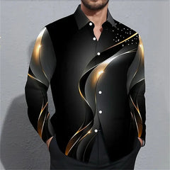 Men's long-sleeved shirt, stylish geometric print shirt, business casual slim-fit long-sleeved collared shirt for men.