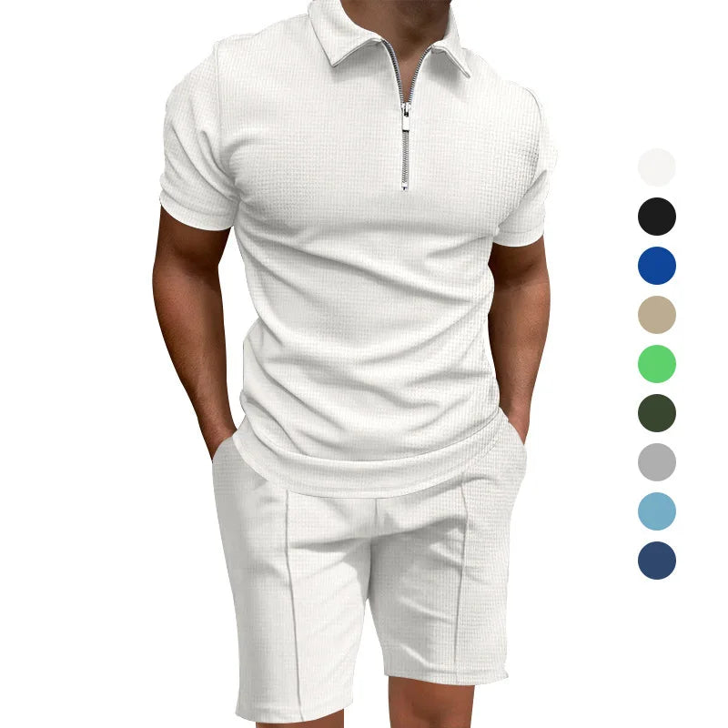 Men's summer suits solid color waffle lapel slim-fit short sleeve t-shirt