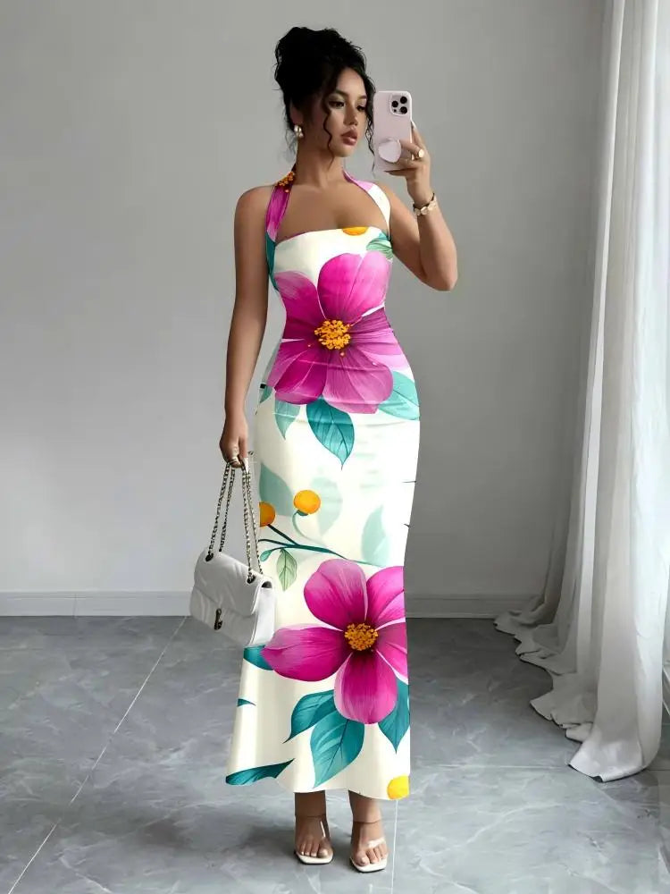Hip-Hugging Sleeveless Long Skirt with Hanging Neck Design