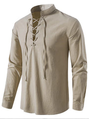 Men's  Casual Henley Shirt  Stand Collar Long Sleeve with Drawstring Cuffs Casual Henry Collar Shirt
