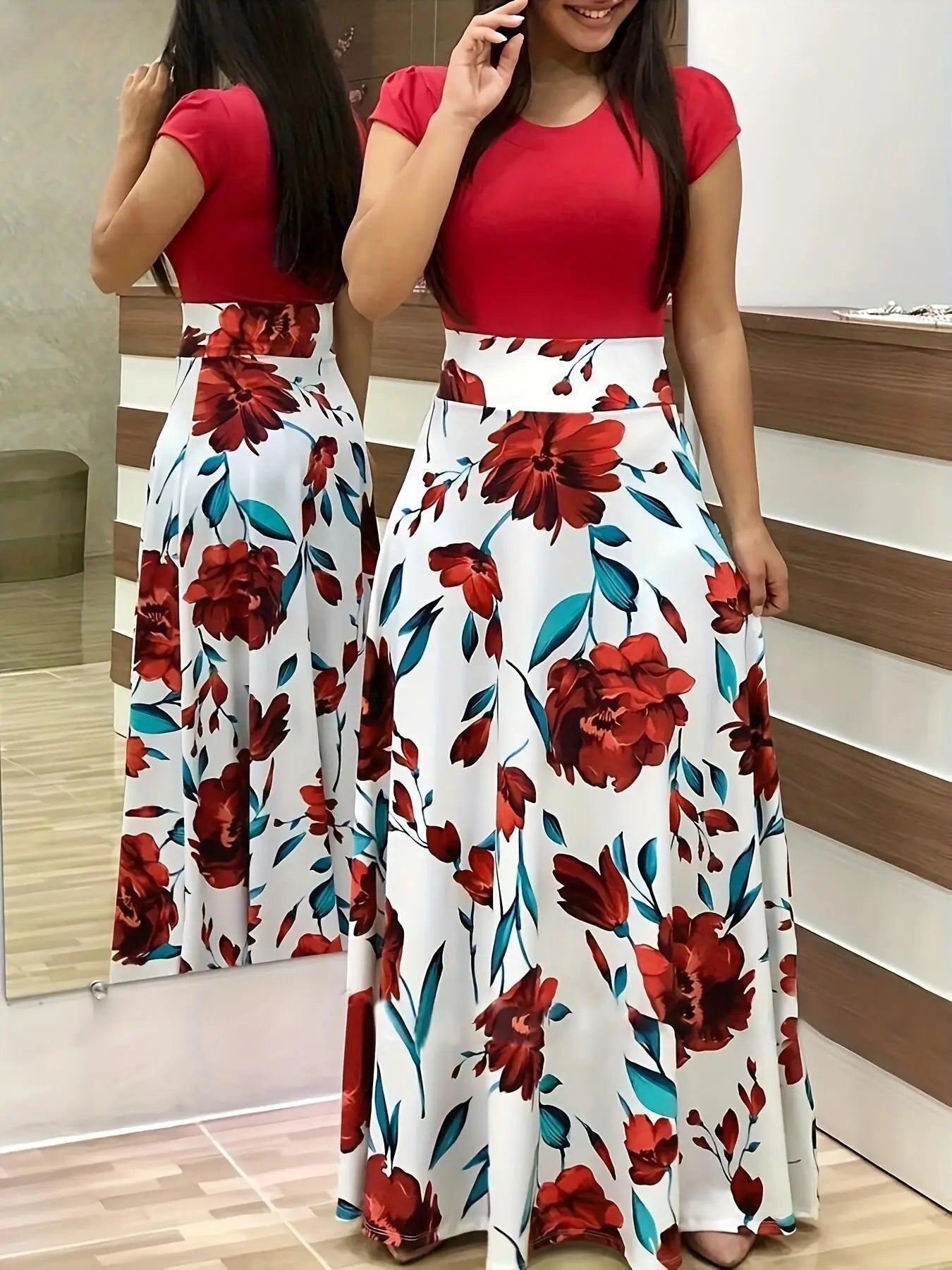 European and American style flower print color matching short sleeved dress