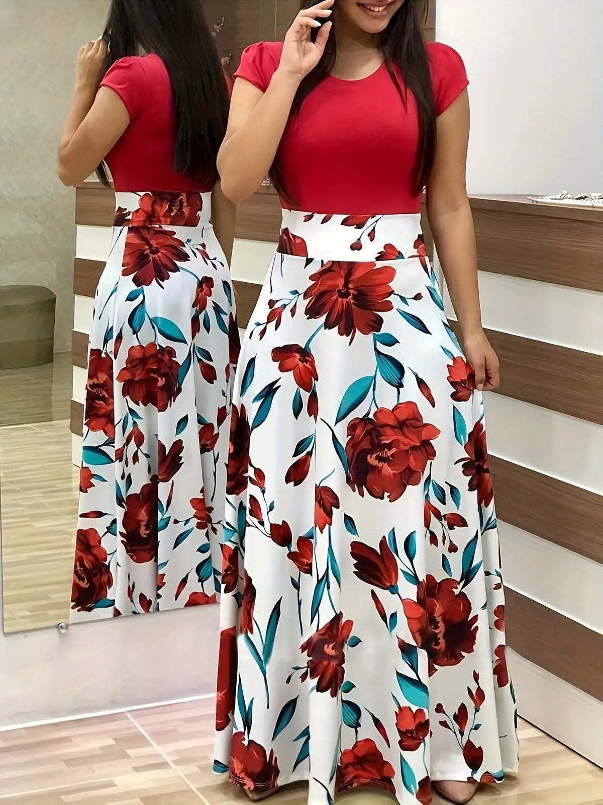 European and American style flower print color matching short sleeved dress