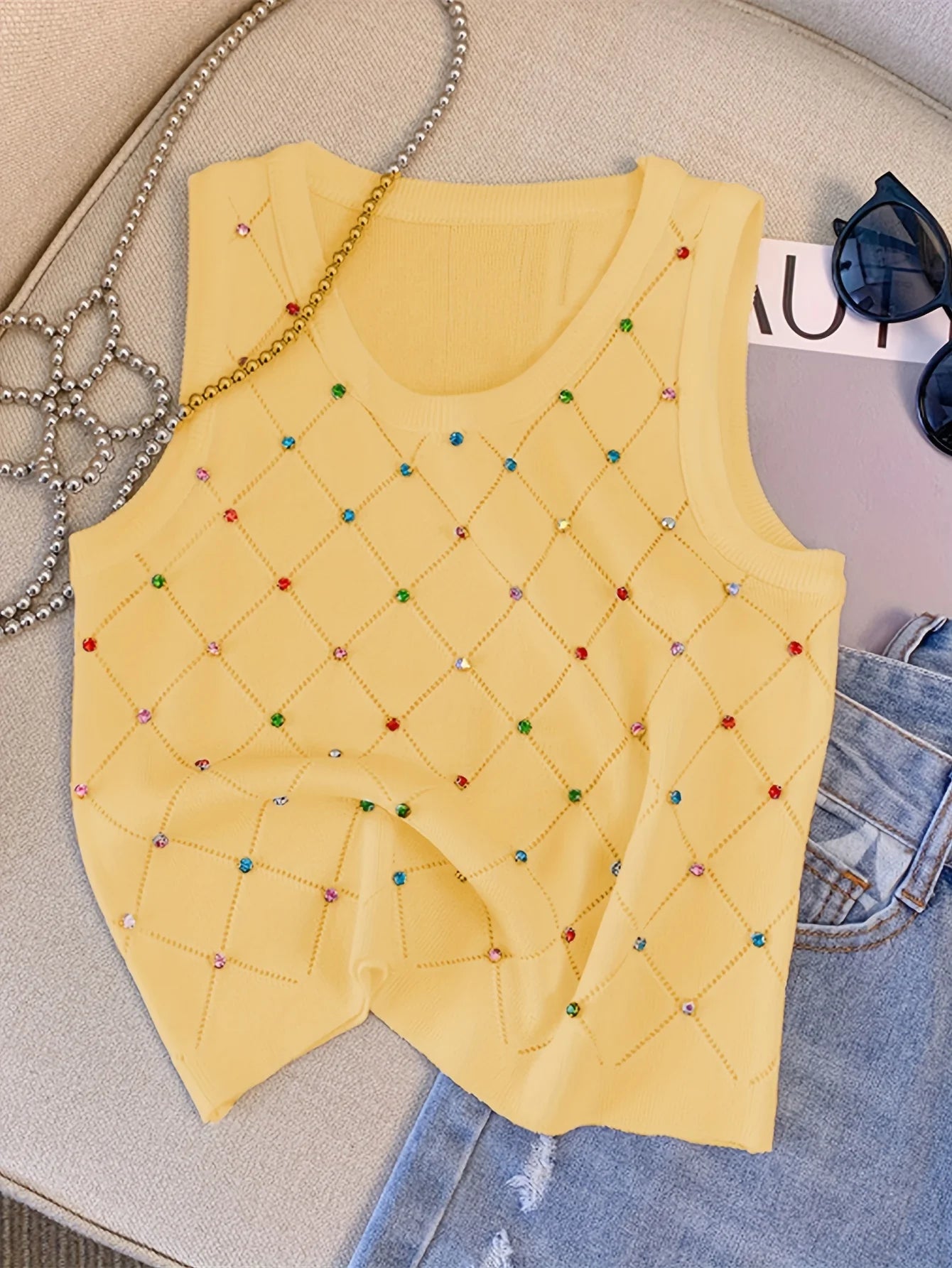 Colorful Rhinestone Knitted Tank Top Casual Crew Neck Sleeveless