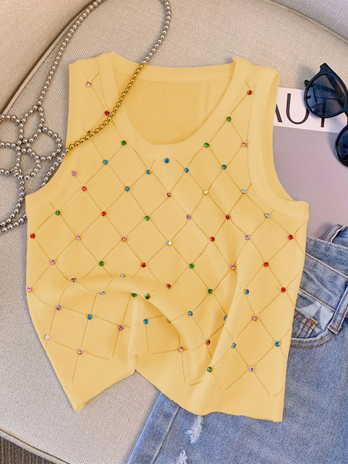 Colorful Rhinestone Knitted Tank Top Casual Crew Neck Sleeveless