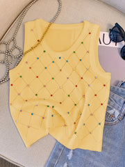 Colorful Rhinestone Knitted Tank Top Casual Crew Neck Sleeveless