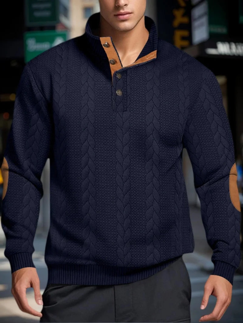 Men’s Knitted Jacquard Sweaters Button Stand-up Collar Warm Pullover Sweaters