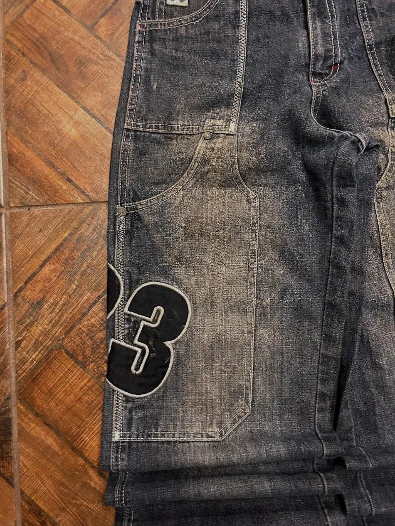 Letters Embroidered Big Pockets Washed Baggy Jeans Women High Street Vintage