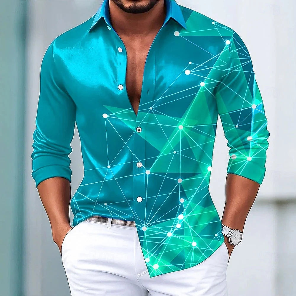Men's Retro Print Shirt Long Sleeve Lapel Single-Breasted Comfortable Streetwear