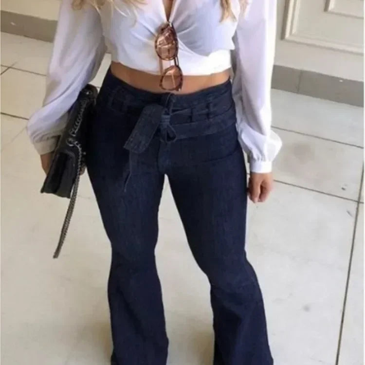 Women Jeans Denim Flare Pants Solid Color High Waist Zipper Fly Flat Pockets