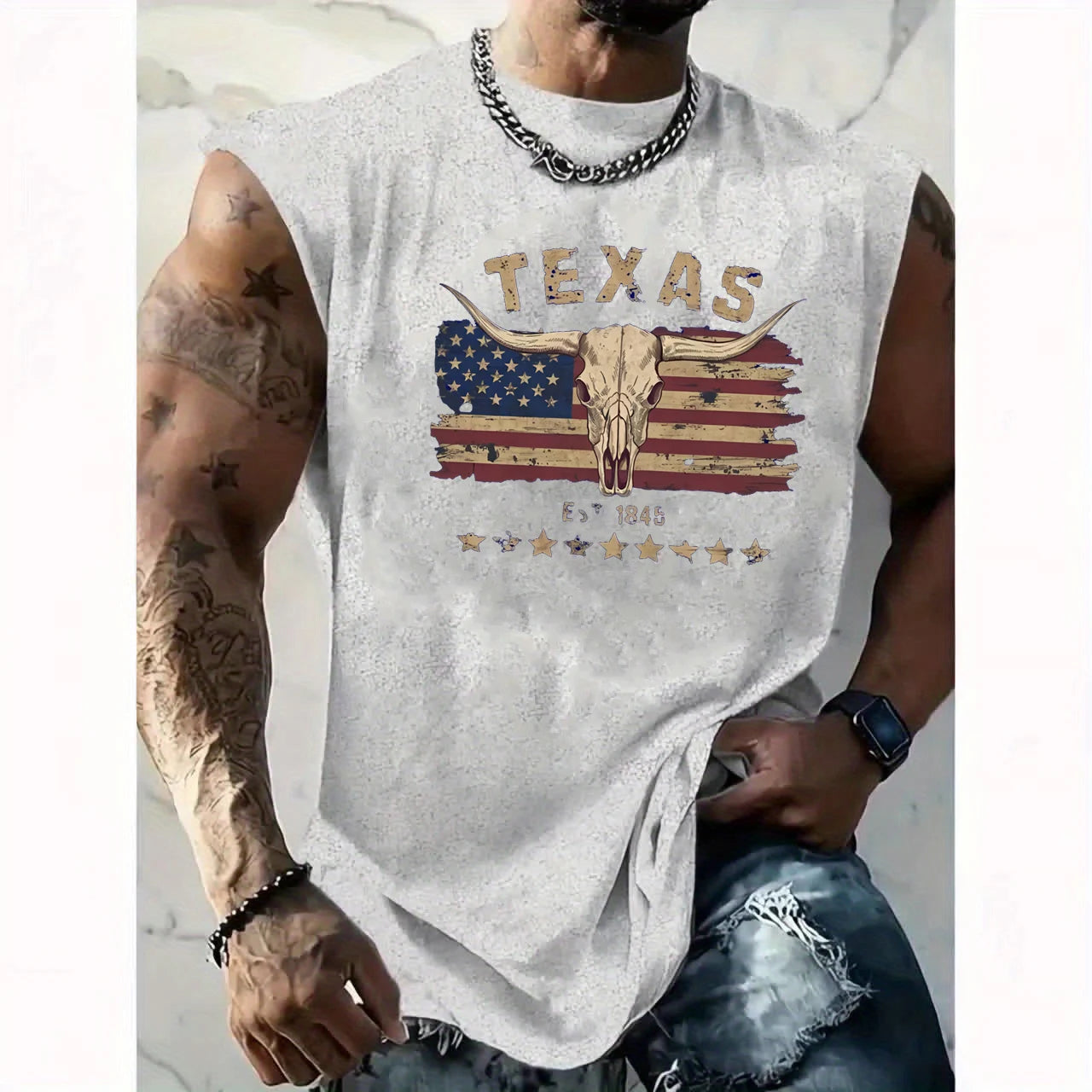 100% cotton men's summer wild west bull head print casual sports loose and comfortable breathable round neck sleeveless vest
