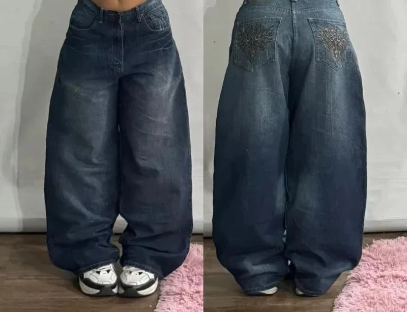 Letters Embroidered Big Pockets Washed Baggy Jeans Women High Street Vintage