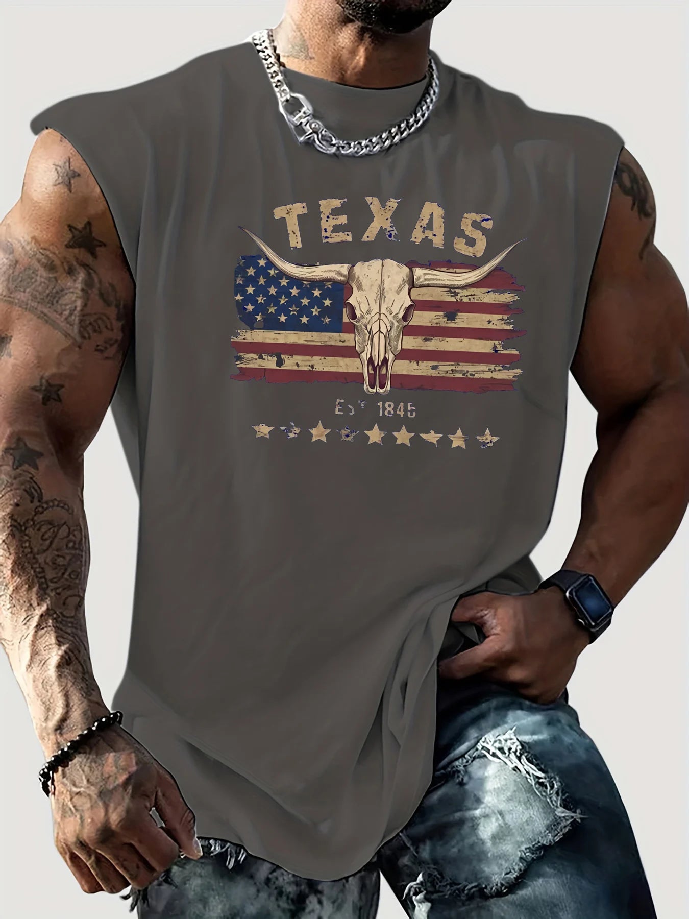100% cotton men's summer wild west bull head print casual sports loose and comfortable breathable round neck sleeveless vest