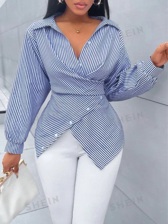 Women's Shirts Striped Printed New Fashion Loose Casual Blouses Irregular Cross Long-sleeved