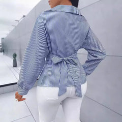Women's Shirts Striped Printed New Fashion Loose Casual Blouses Irregular Cross Long-sleeved