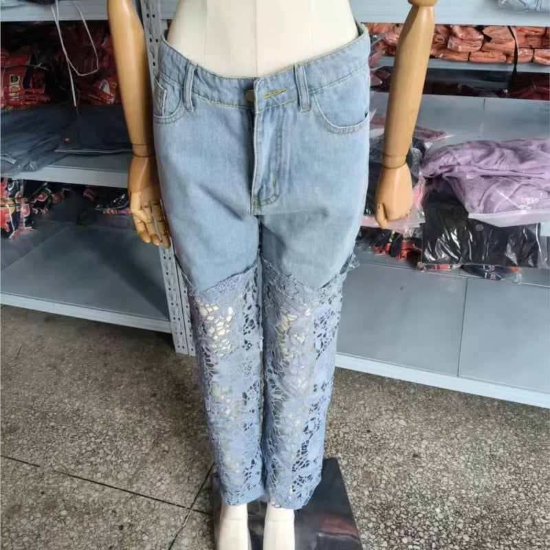 Fashion Elegant Jeans for Women High Waist Lace Patchwork Pantalones Hollow Out Oversized Spring Casual Loose All Match Pants