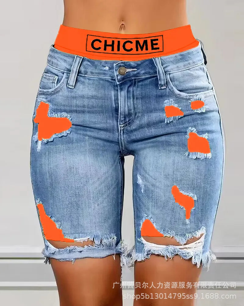 Fake Two-Piece Patchwork Cutout Ripped Jeans Women Ankle Length Fashion Casual High Waist Pencil Pants Denim