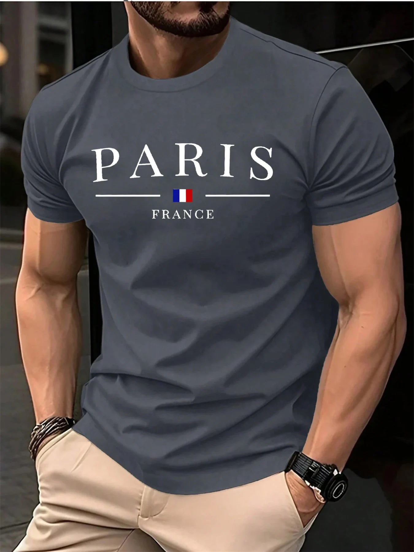 Summer men's 100% pure cotton casual loose plus size Paris French printed sports comfortable round neck short sleeved T-shirt