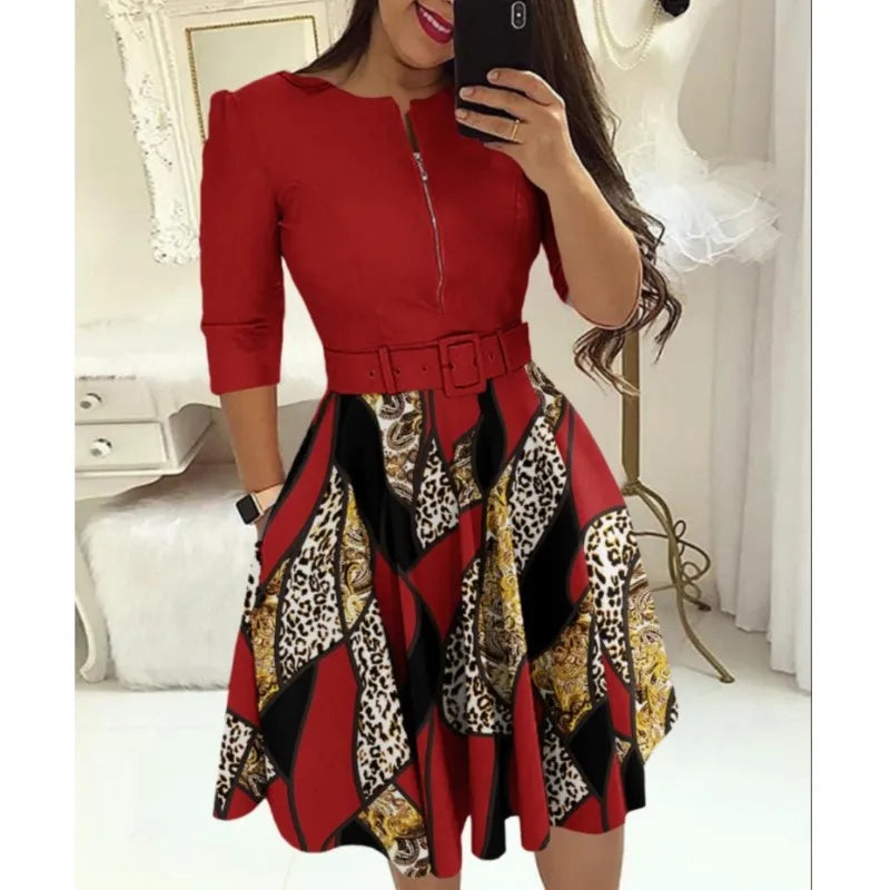 Autumn Elegant Print Slim Belt Party Dress For Women 2023 Sexy V Neck Zipper Long Sleeve A Line Dress Office Lady Dresses Femme