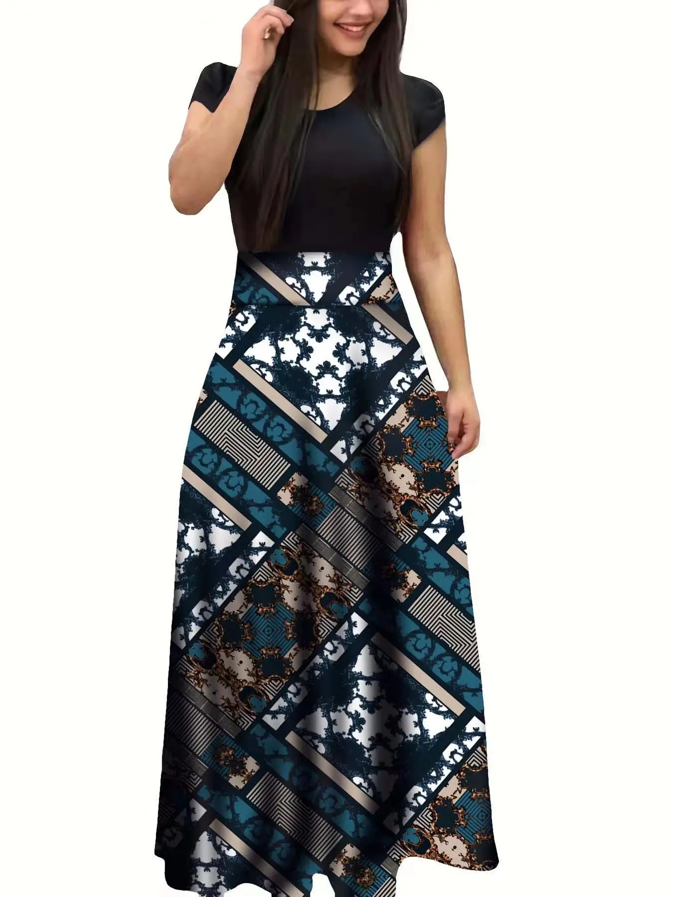European and American style flower print color matching short sleeved dress