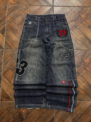 Letters Embroidered Big Pockets Washed Baggy Jeans Women High Street Vintage