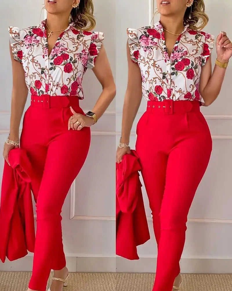 Summer Women's Flower Print Lotus Leaf Sleeve High Waist Pants Set Waist Belt Women's V-Neck Two Piece Set Work Suit Set