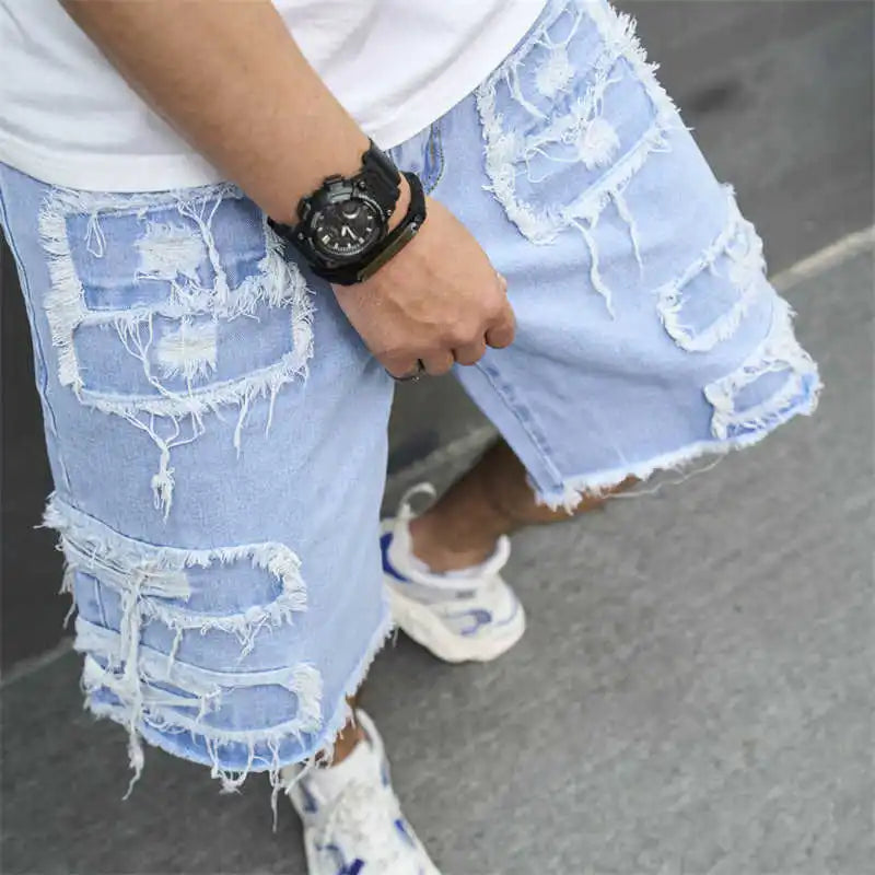 Denim Hole Knee Length Men Washed Jean Mid Waist Spliced Ripped Pockets