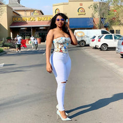 Women's White High Waist Ripped Jeans Fashion Slim Stretch Denim