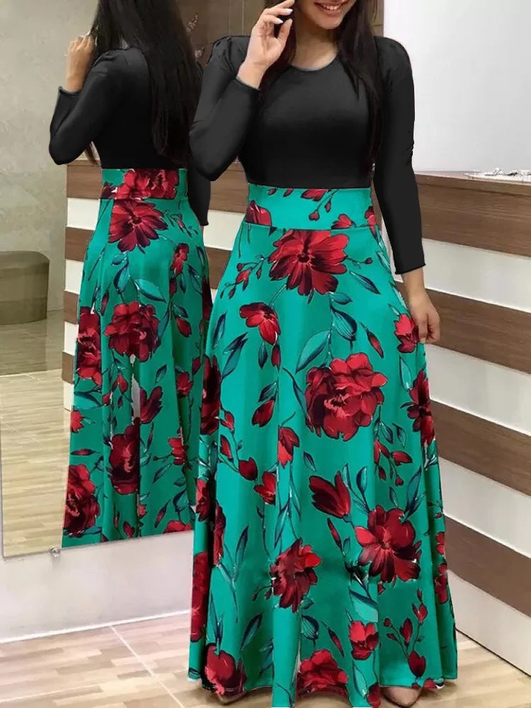 European and American style flower print color matching short sleeved dress