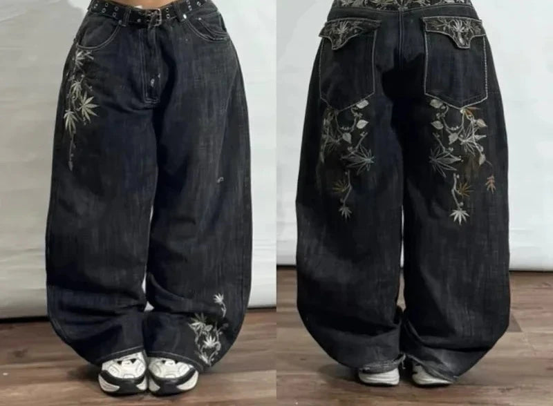 Letters Embroidered Big Pockets Washed Baggy Jeans Women High Street Vintage