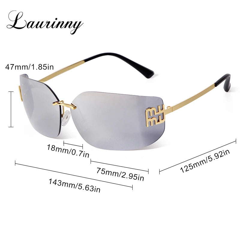 Trend Curved Rimless Film Lens Sunglasses Women Men Brand Design Metal Rivets Gradient Frameless Rectangle Shades Sun Glasses UV