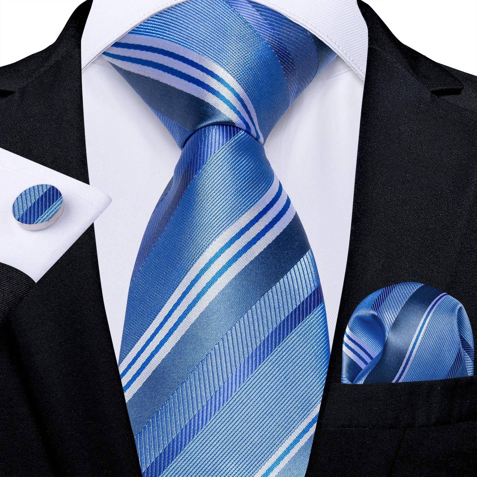 Luxury Blue Plaid Dot Ties For Men Solid Wedding Accessories Neck Tie Handkerchief Cufflinks Set Gravatas Mens Gift DiBanGu