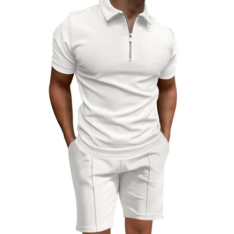 Men's summer suits solid color waffle lapel slim-fit short sleeve t-shirt