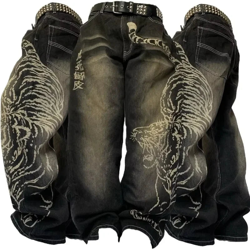 Letters Embroidered Big Pockets Washed Baggy Jeans Women High Street Vintage