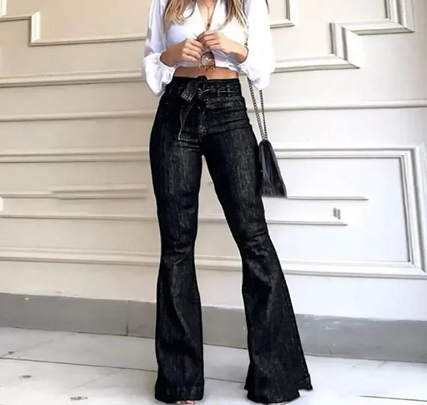 Women Jeans Denim Flare Pants Solid Color High Waist Zipper Fly Flat Pockets