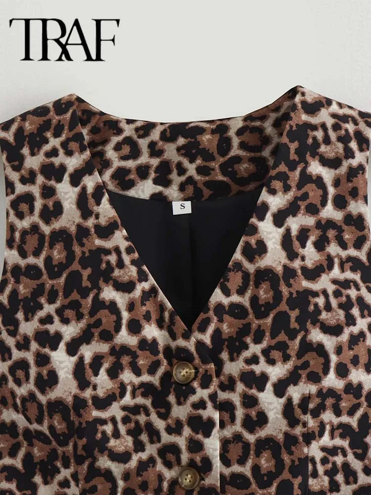 TRAF Women's Vest Fashion Leopard Summer V-Neck Single-breasted Vest Top
