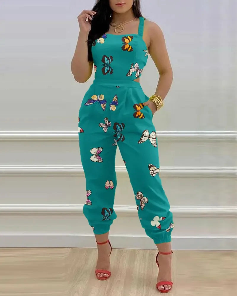 Elegant Women's jumpsuit Fashion Strap Hollow Sexy Off waist Printed