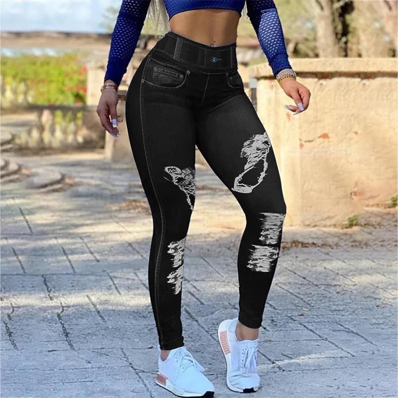 Women Sports Skinny Leggings 2024 New Vintage Printed Fitness Elastic Waist Jeggings Ladies Fashion Streetwear Slim Fit Pants