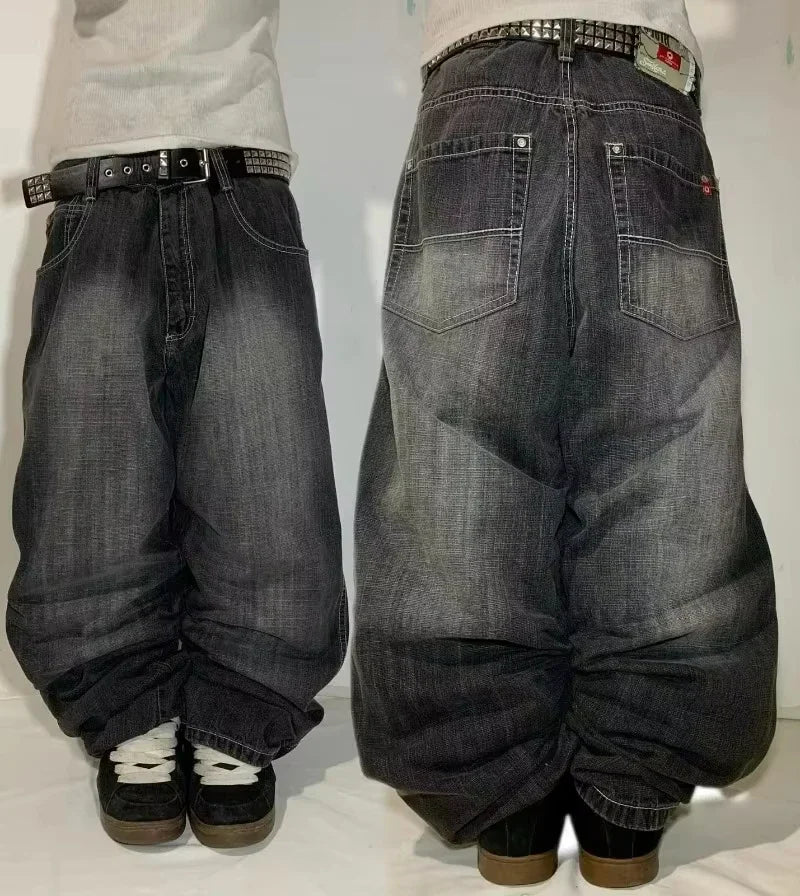 Letters Embroidered Big Pockets Washed Baggy Jeans Women High Street Vintage
