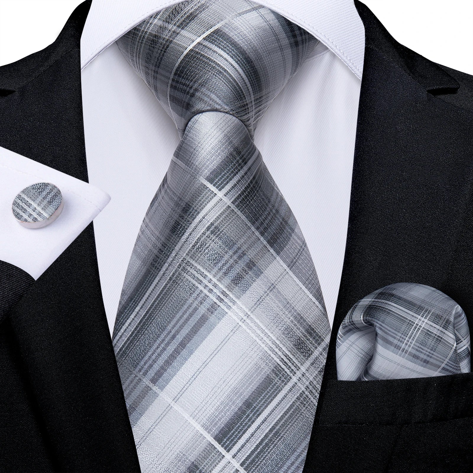 Luxury Blue Plaid Dot Ties For Men Solid Wedding Accessories Neck Tie Handkerchief Cufflinks Set Gravatas Mens Gift DiBanGu