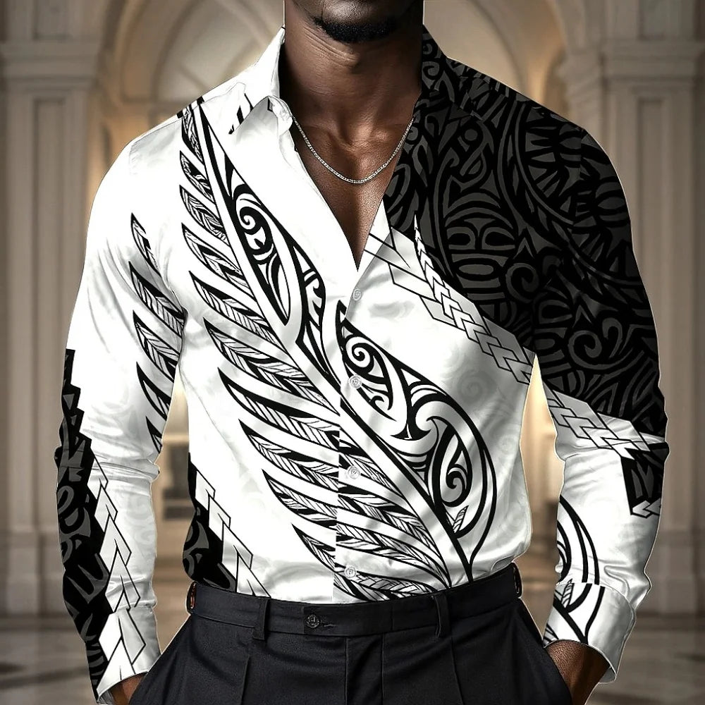 Men's Retro Print Shirt Long Sleeve Lapel Single-Breasted Comfortable Streetwear